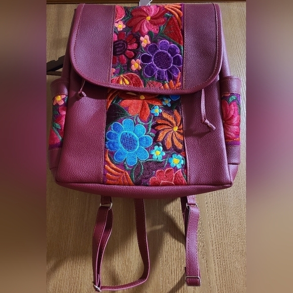 Faux Leather Floral Embroidered Backpack Purse - Picture 2 of 8